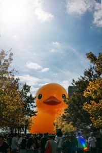 Giant rubber duck looming over a crowd